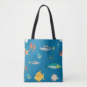 Modern vis en zeepaard geïllustreerd patroon blauw draagtas