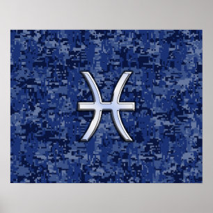 Modern Vissen Sterrenbeeld Navyblauw Digitaal Camo Poster