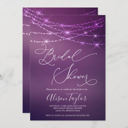 Modern Vrijgezellenfeest Paarse Bokeh Uitnodiging (Voorkant / Achterkant)