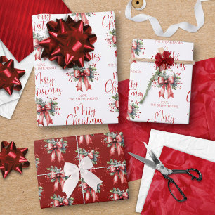 Modern vrolijk kerstscript Red Bow Holly Naam Inpakpapier Vel