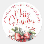 Modern vrolijk kerstscript Red Bow van naam Ronde Sticker (Voorkant)