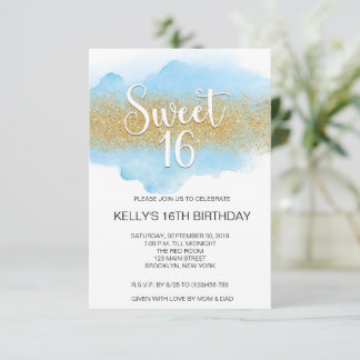 Modern Watercolor Blue Sweet 16 Sixteen Kaart