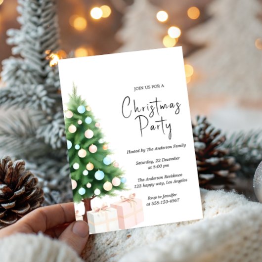 Modern Watercolor Christmas Tree Party Invitation 
