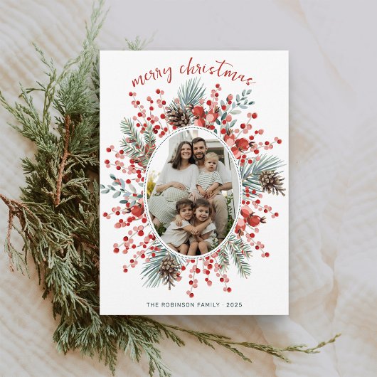 Modern Watercolor Greenery Wreath Photo Christmas Feestdagenkaart