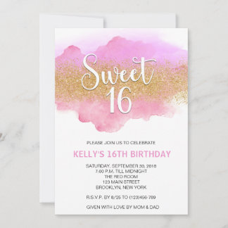 Modern Watercolor Pink Sweet 16 Sixteen Kaart
