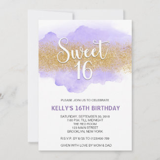 Modern Watercolor Purple Sweet 16 Sixteen Kaart