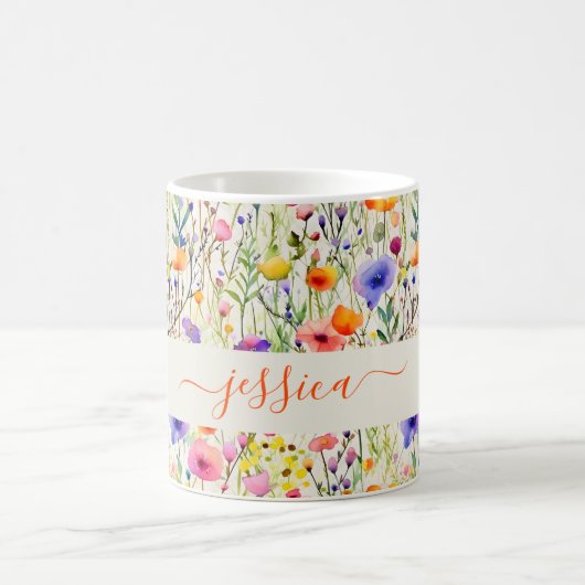 Modern watercolor wildflowers pattern script name koffiemok (Center)