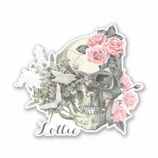 Modern Waterverf Bloemen Halloween Skull Script Sticker (Voorkant)