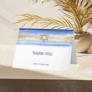 Modern Waterverf Blue Gold Bar Mitzvah Hebrew Bedankkaart