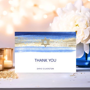 Modern Waterverf Blue Gold Bar Mitzvah Hebrew Bedankkaart