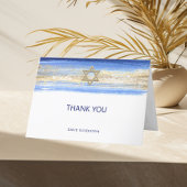 Modern Waterverf Blue Gold Bar Mitzvah Hebrew Bedankkaart
