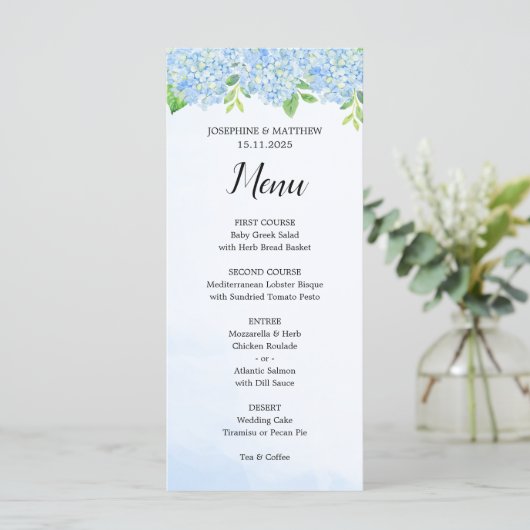 Modern Waterverf Blue Hydrangea Wedding Menu (Staand voorkant)