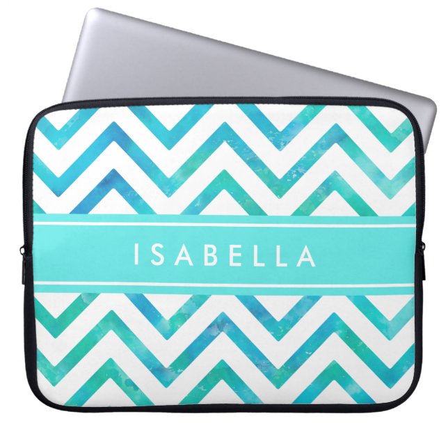 Modern Waterverf Chevron Pattern Blauw en Wit Laptop Sleeve (Voorkant)
