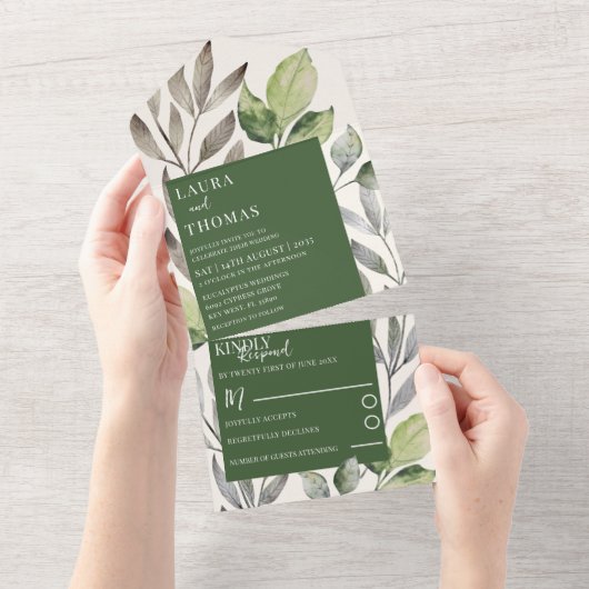 Modern Waterverf Greenery Emerald Wedding All In One Uitnodiging (Afscheurbaar)