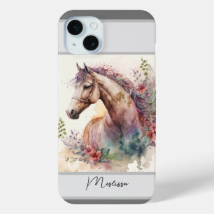 Modern Waterverf Horse Pink Custom Name iPhone 15 Mini Hoesje