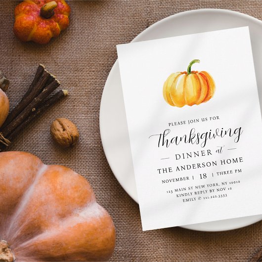 Modern Waterverf pompoen Thanksgiving diner Kaart