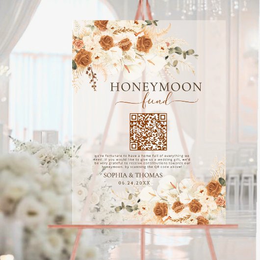 Modern Waterverf Roos QR Code Honeymoon Fund Acryl Bord