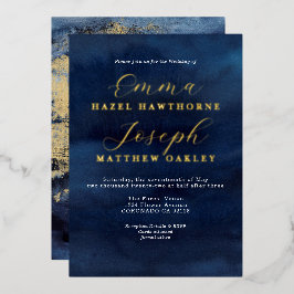 Modern Wave abstract gouden middernacht blauwe bru Folie Uitnodiging