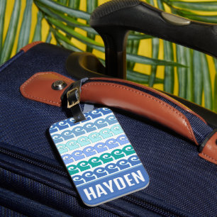 Modern Waves Pattern in Blues Gepersonaliseerd Bagagelabel