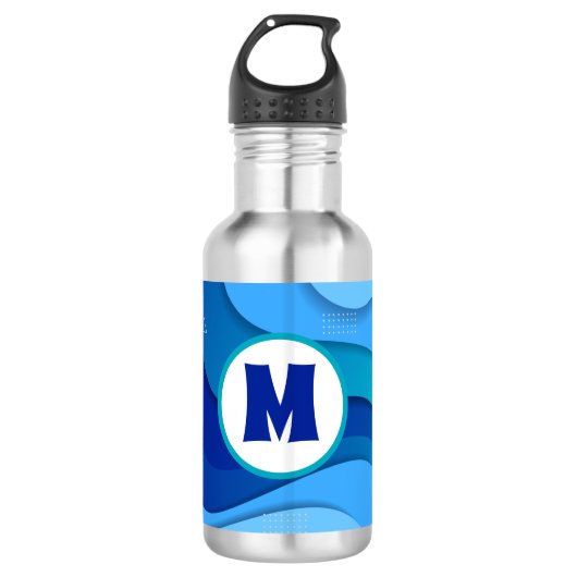Modern Wavy Blue Abstract Monogram Waterfles (Voorkant)