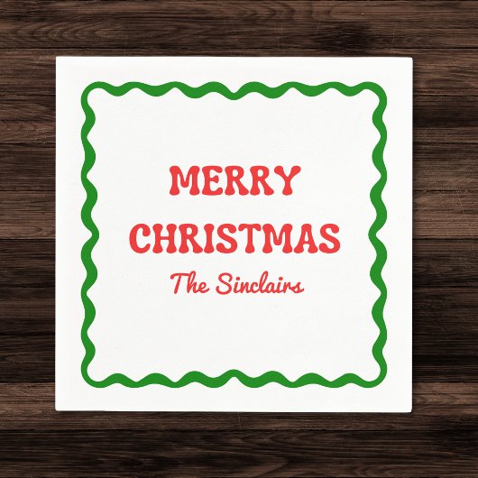 Modern Wavy Border Rood & Groen Kerstfeest Servet