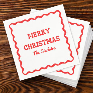 Modern Wavy Border Trendy Red Christmas Party Servet