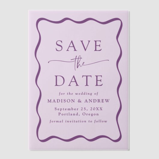 Modern Wavy Paarse Lijst bruiloft Save the Date Vellum Uitnodigingen (Voorkant)