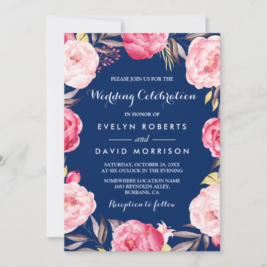 Modern Wedding Celebration Floral Wreath Navy Blue Kaart (Voorkant)