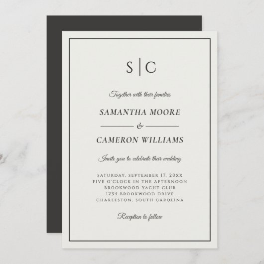 Modern Wedding Classic Monogram Crème & Zwart Kaart (Voorkant / Achterkant)