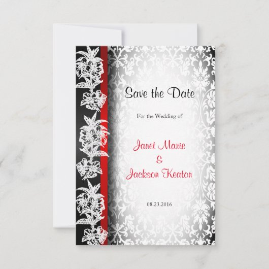 Modern Wedding Damask in White, Black and Red Save The Date (Voorkant)