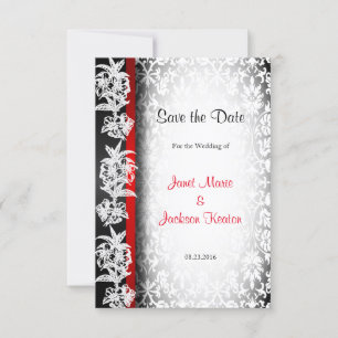 Modern Wedding Damask in White, Black and Red Save The Date