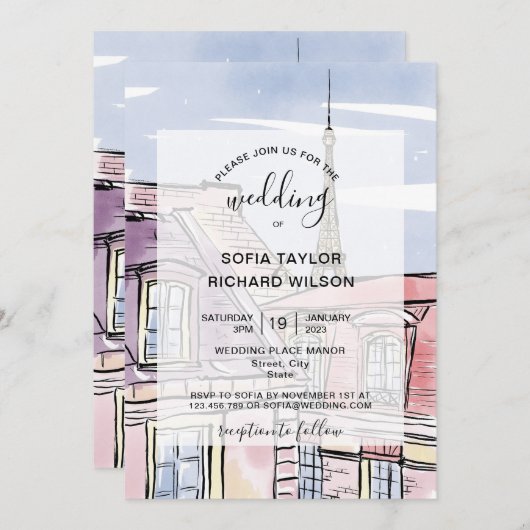 Modern Wedding Destination Paris Eiffel Tower Invi Kaart (Voorkant / Achterkant)