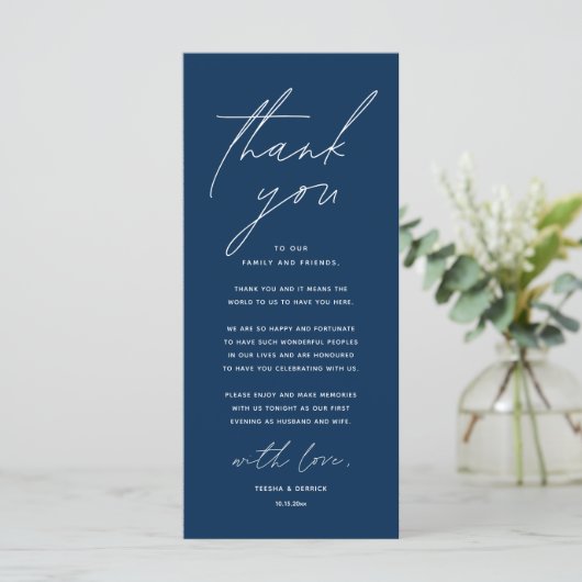 Modern Wedding Dinner Place Setting Thank You Card Programma (Staand voorkant)