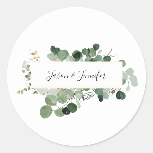 Modern Wedding Greenery Custom Couple Names White Ronde Sticker (Voorkant)