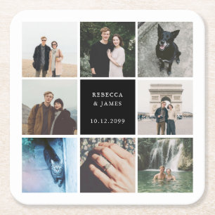 Modern Wedding Photo Collage Afbeelding Grid Vierkante Kartonnen Onderzetter