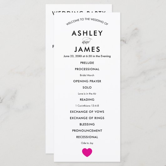 Modern Wedding Programme for Ceremony Fuchsia Hear Programma (Voorkant / Achterkant)