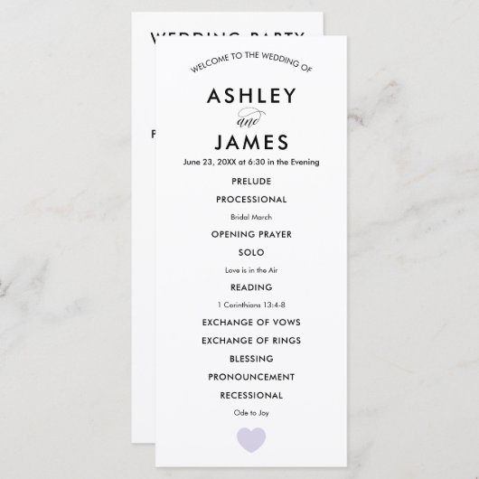 Modern Wedding Programme for Ceremony Lavender Hea Programma (Voorkant / Achterkant)