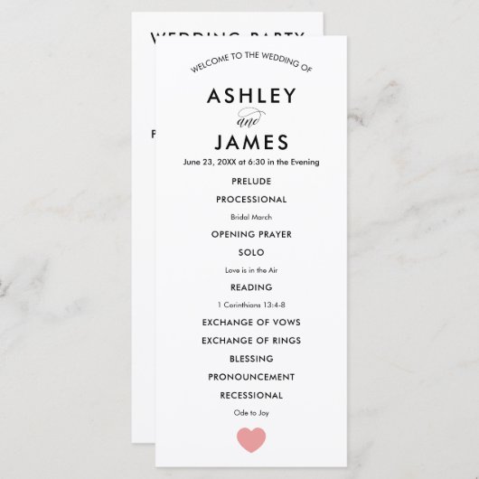Modern Wedding Programme for Ceremony, Pink Heart Programma (Voorkant / Achterkant)