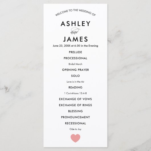 Modern Wedding Programme for Ceremony, Pink Heart Programma (Voorkant)