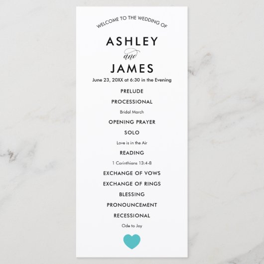 Modern Wedding Programme met Turquoise Heart Programma (Voorkant)
