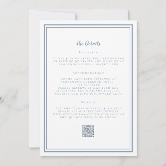 Modern Wedding & RSVP QR Code Details Dusty Blue Kaart (Achterkant)