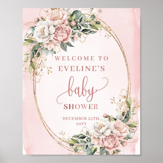 Modern Welcome Blush Pink Flowers Gold Glitter Poster (Voorkant)