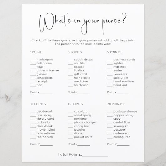 Modern What's In Your Purse Bruidsfeest Spel (Voorkant)