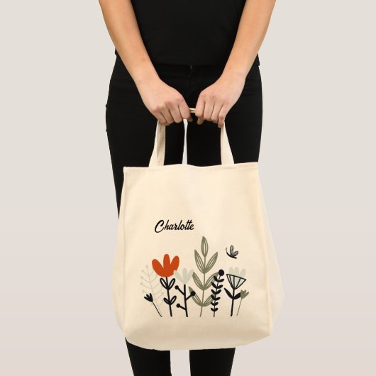 Modern Whimsical Floral Personalized Name Tote Bag (Voorkant (product))