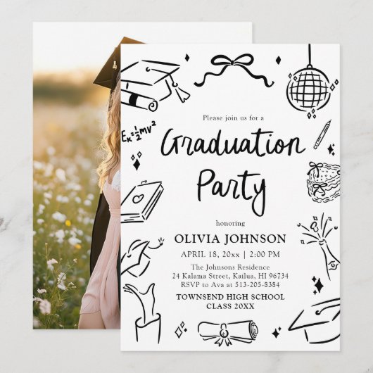 Modern Whimsical Hand Drawn Bow Graduation Party Kaart (Voorkant / Achterkant)