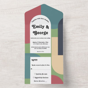 Modern Whimsical Retro Groovy Colorful Wedding All In One Uitnodiging