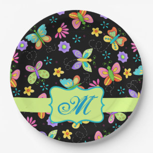 Modern Whimsy Butterflies Black Green Monogram Papieren Bordje