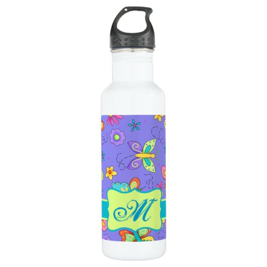 Modern Whimsy Lavender Butterfly Monogram Waterfles (Voorkant)