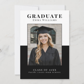 Modern White and Black Graduate Announcement Kaart