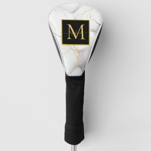 Modern White and Gold Marbled Monogram Name Golfheadcover (Voorkant)